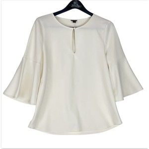 Ann Taylor Women Top Medium Ivory Keyhole Neck Flared 3/4 Sleeve